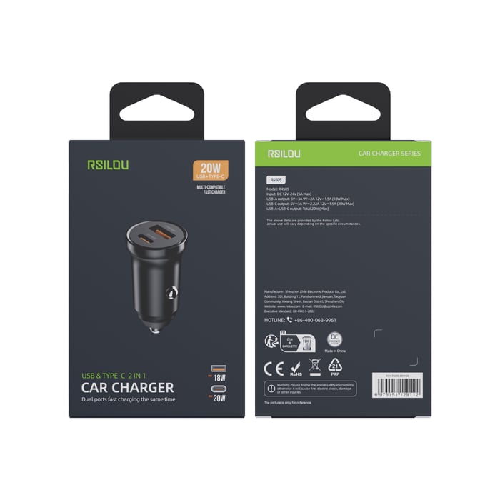 R4505 - USB & Type-C 2 IN 1 Fast charging Car charger (20W) - Black image